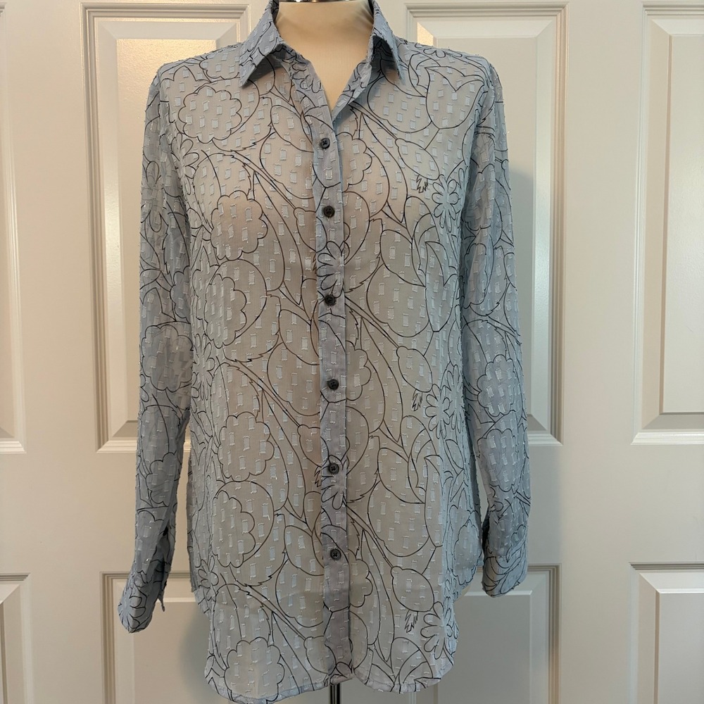 Banana Republic Dillon Blue Floral Sheer Metallic Long Sleeve Blouse Womens S